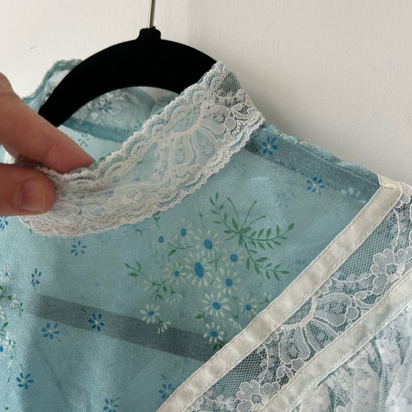 Vintage 70s Gunne Sax Style Blue Prairie Dress High Neck Lace Trim Cottagecore - Picture 3 of 15